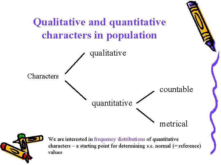 Qualitative and quantitative characters in population qualitative Characters countable quantitative metrical We are interested
