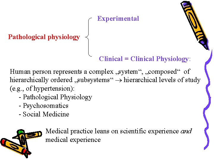 Experimental Pathological physiology Clinical = Clinical Physiology: Human person represents a complex „system“, „composed“