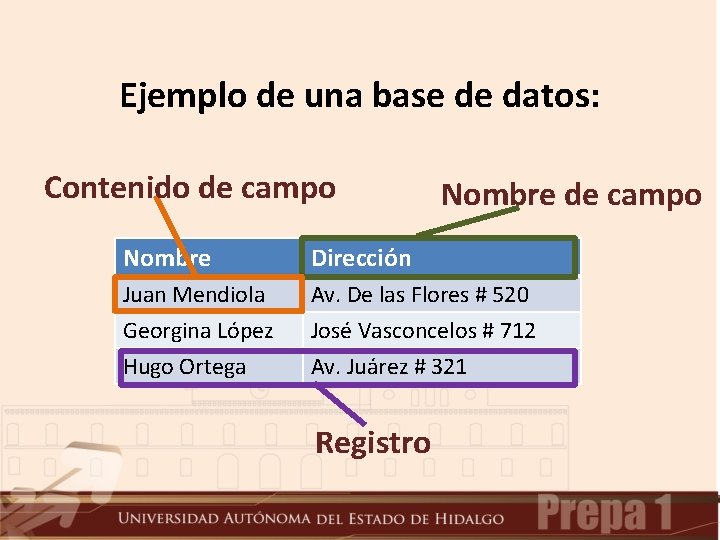 Ejemplo de una base de datos: Contenido de campo Nombre Dirección Juan Mendiola Georgina