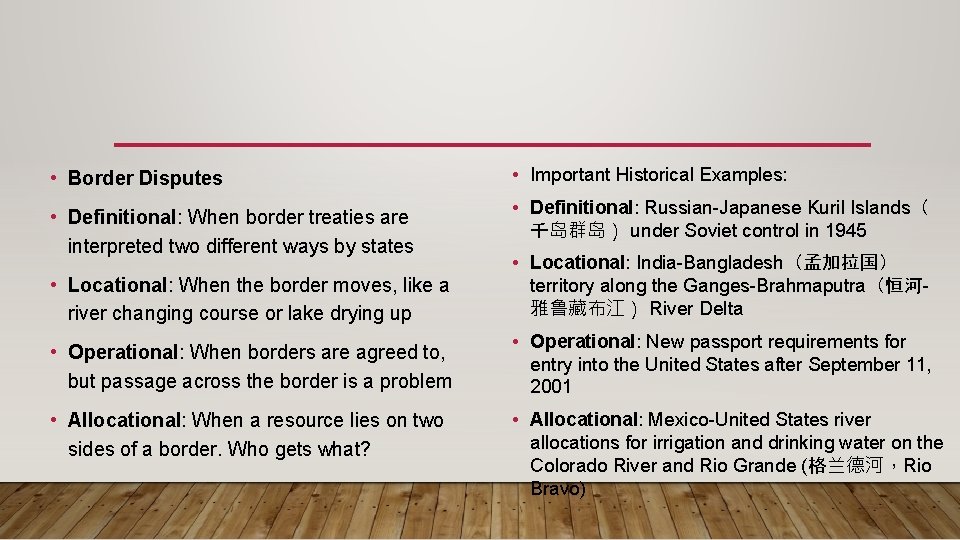  • Border Disputes • Important Historical Examples: • Definitional: When border treaties are