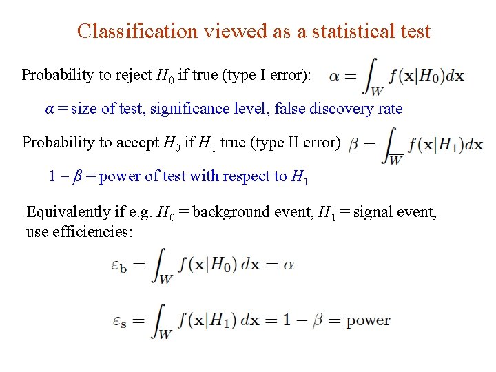 Classification viewed as a statistical test Probability to reject H 0 if true (type