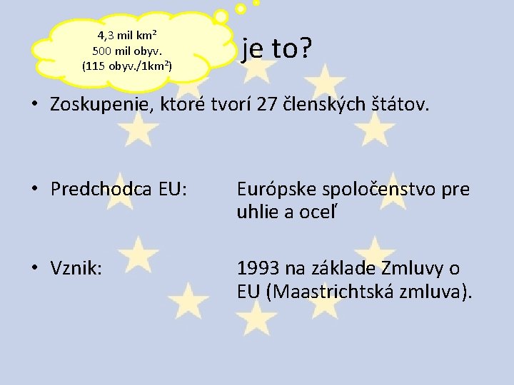 4, 3 mil km² 500 mil obyv. (115 obyv. /1 km²) Čo je to?