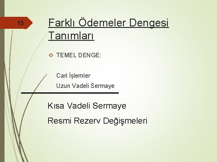 15 Farklı Ödemeler Dengesi Tanımları TEMEL DENGE: Cari İşlemler Uzun Vadeli Sermaye Kısa Vadeli