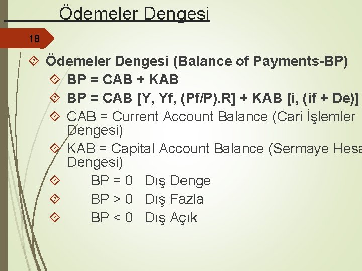  Ödemeler Dengesi 18 Ödemeler Dengesi (Balance of Payments-BP) BP = CAB + KAB