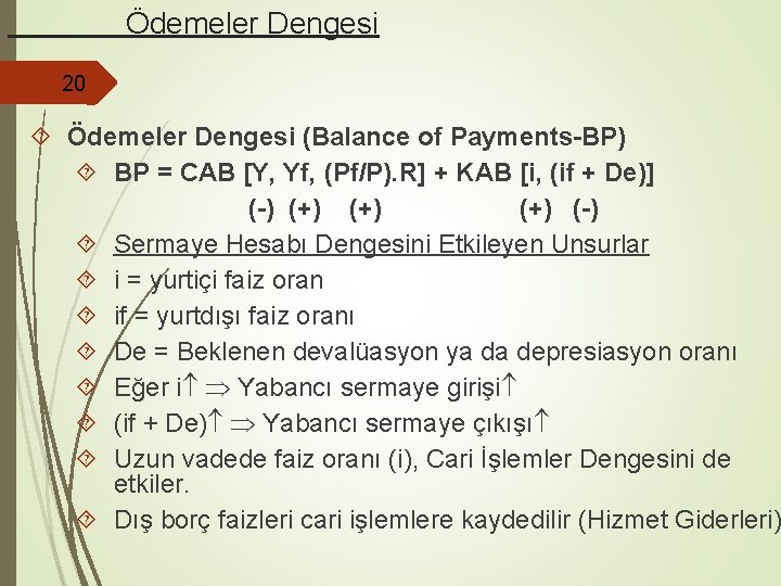  Ödemeler Dengesi 20 Ödemeler Dengesi (Balance of Payments-BP) BP = CAB [Y, Yf,