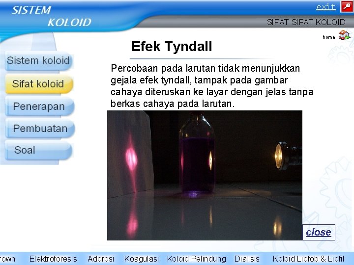 rown exit SIFAT KOLOID home Efek Tyndall Percobaan pada larutan tidak menunjukkan gejala efek