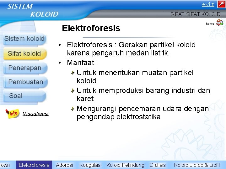 rown exit SIFAT KOLOID home Elektroforesis Visualisasi Elektroforesis • Elektroforesis : Gerakan partikel koloid