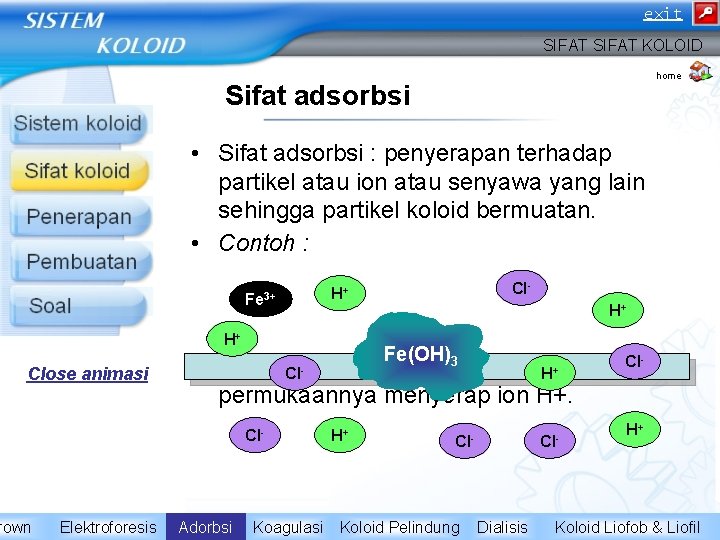 exit SIFAT KOLOID home Sifat adsorbsi • Sifat adsorbsi : penyerapan terhadap partikel atau