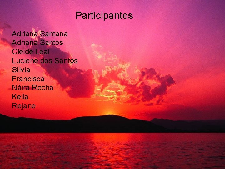 Participantes Adriana Santana Adriana Santos Cleide Leal Luciene dos Santos Sílvia Francisca Náira Rocha