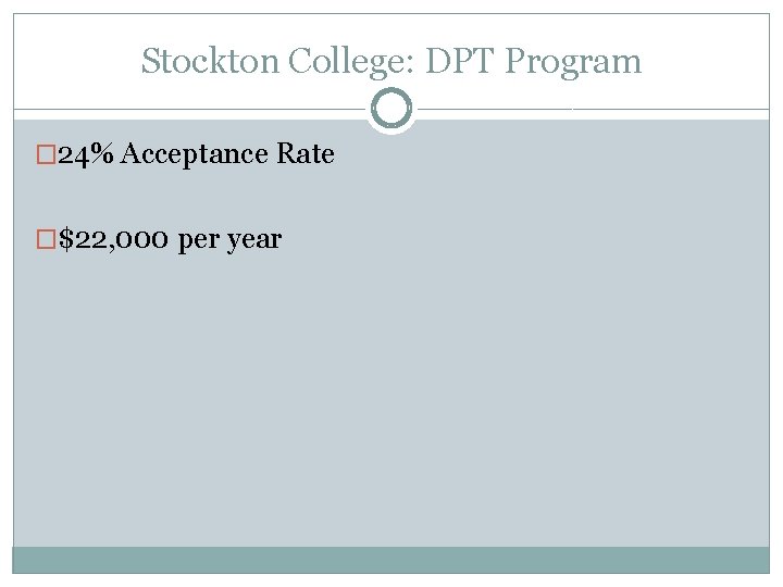 Stockton College: DPT Program � 24% Acceptance Rate �$22, 000 per year 