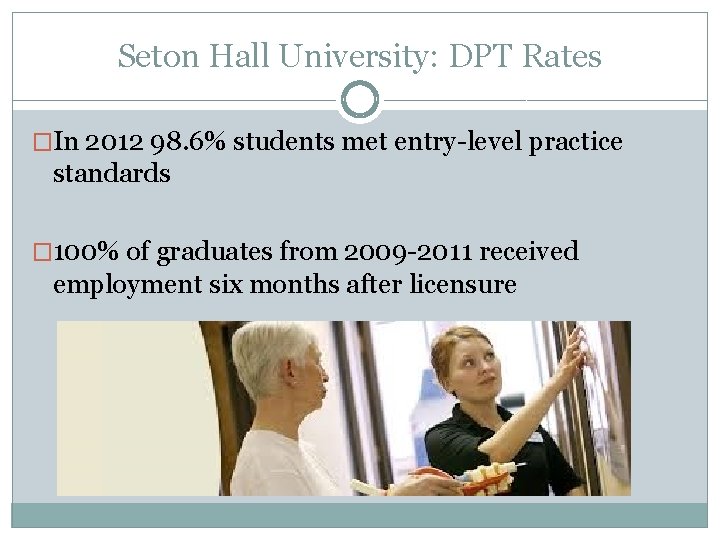 Seton Hall University: DPT Rates �In 2012 98. 6% students met entry-level practice standards