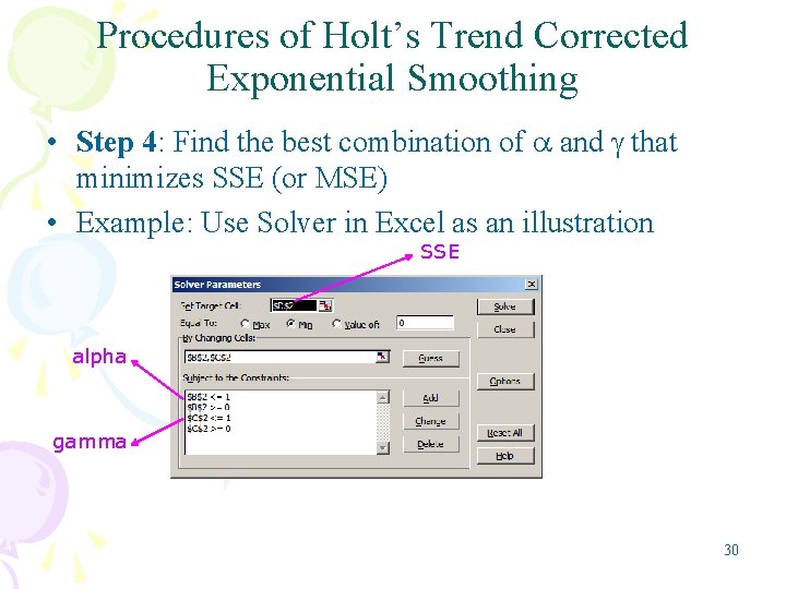 Procedures of Holt’s Trend Corrected Exponential Smoothing • Step 4: Find the best combination