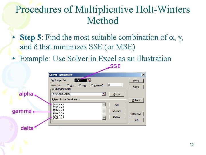 Procedures of Multiplicative Holt-Winters Method • Step 5: Find the most suitable combination of