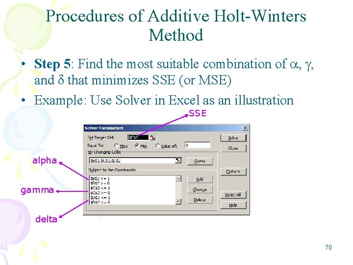 Procedures of Additive Holt-Winters Method • Step 5: Find the most suitable combination of