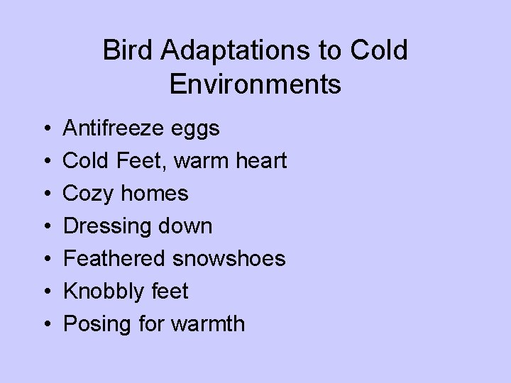 Bird Adaptations to Cold Environments • • Antifreeze eggs Cold Feet, warm heart Cozy Bird Adaptations to Cold Environments • • Antifreeze eggs Cold Feet, warm heart Cozy