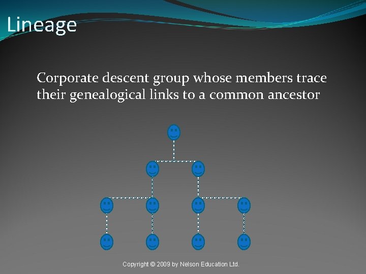 Lineage Corporate descent group whose members trace their genealogical links to a common ancestor