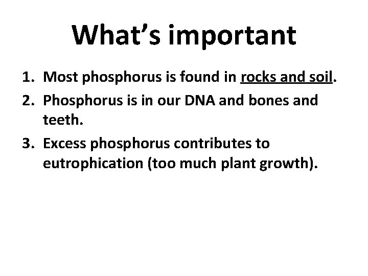 What’s important 1. Most phosphorus is found in rocks and soil. 2. Phosphorus is