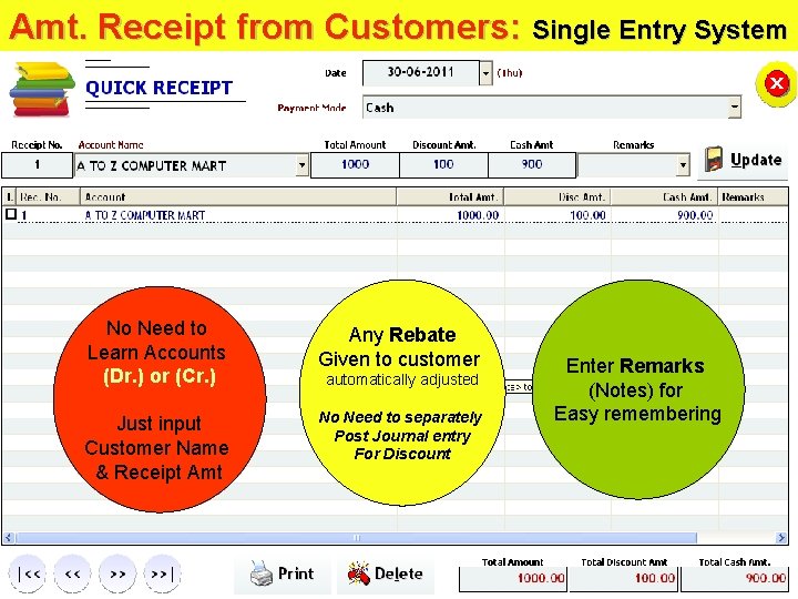 Amt. Receipt from Customers: Single Entry System No Need to Learn Accounts (Dr. )