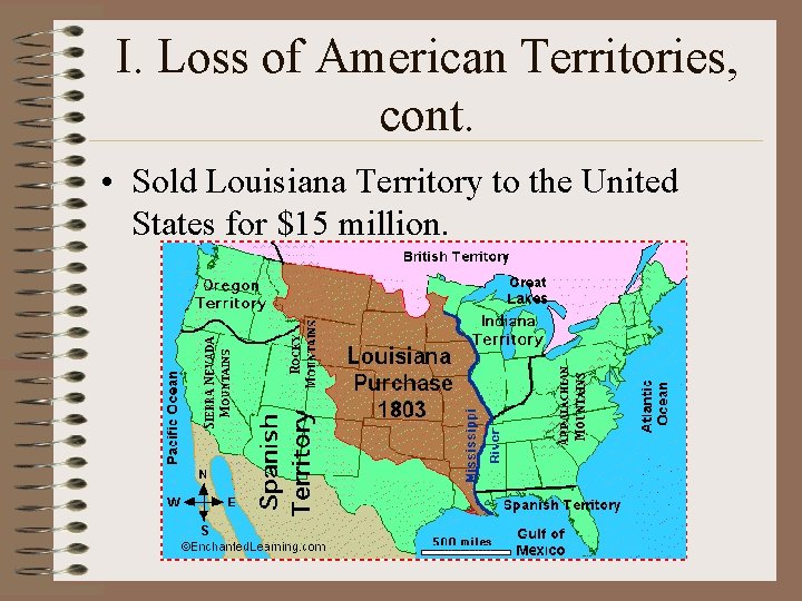 I. Loss of American Territories, cont. • Sold Louisiana Territory to the United States