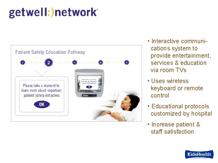  • Interactive communications system to provide entertainment, services & education via room TVs