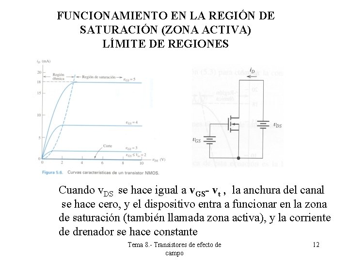 FUNCIONAMIENTO EN LA REGIÓN DE SATURACIÓN (ZONA ACTIVA) LÍMITE DE REGIONES Cuando v. DS FUNCIONAMIENTO EN LA REGIÓN DE SATURACIÓN (ZONA ACTIVA) LÍMITE DE REGIONES Cuando v. DS