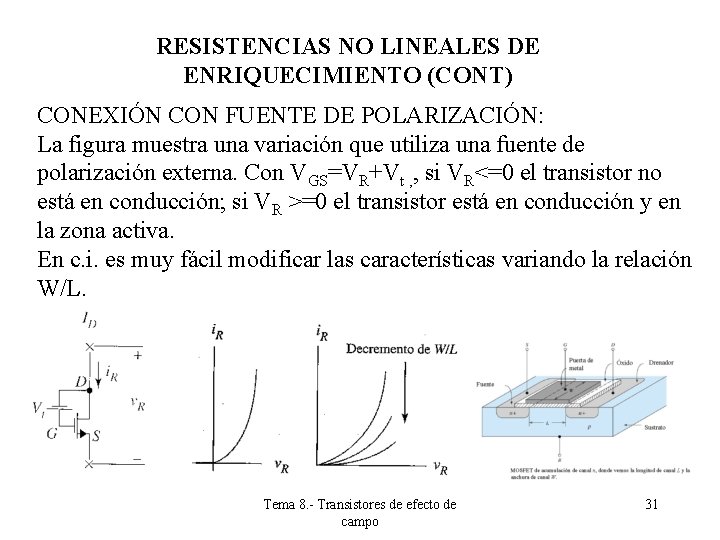 RESISTENCIAS NO LINEALES DE ENRIQUECIMIENTO (CONT) CONEXIÓN CON FUENTE DE POLARIZACIÓN: La figura muestra RESISTENCIAS NO LINEALES DE ENRIQUECIMIENTO (CONT) CONEXIÓN CON FUENTE DE POLARIZACIÓN: La figura muestra
