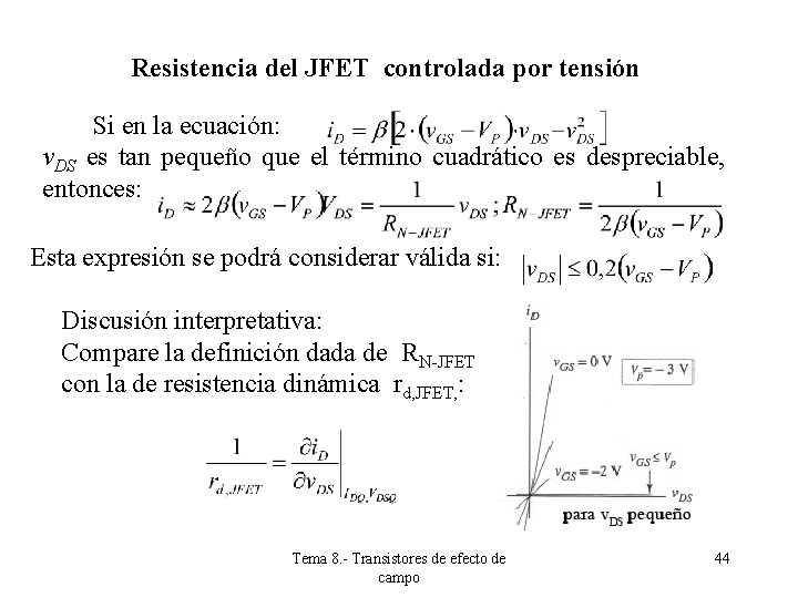 Resistencia del JFET controlada por tensión Si en la ecuación: v. DS es tan Resistencia del JFET controlada por tensión Si en la ecuación: v. DS es tan