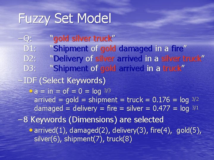 Fuzzy Set Model – Q: “gold silver truck” D 1: “Shipment of gold damaged