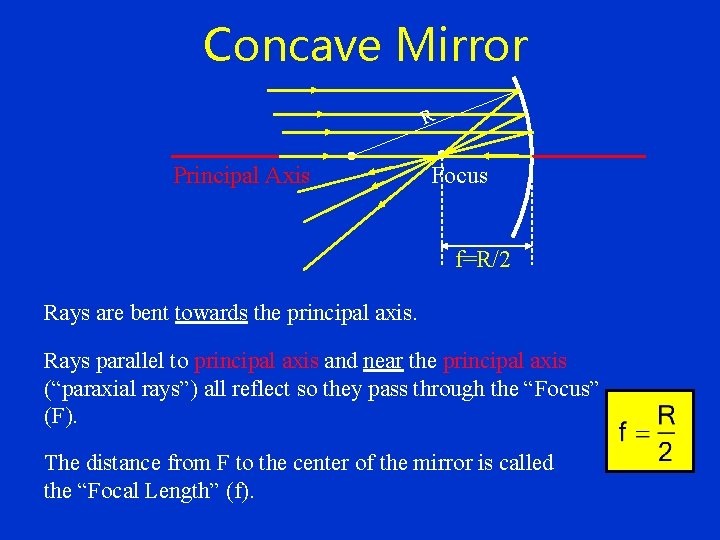 Concave Mirror R Principal Axis Focus f=R/2 Rays are bent towards the principal axis.