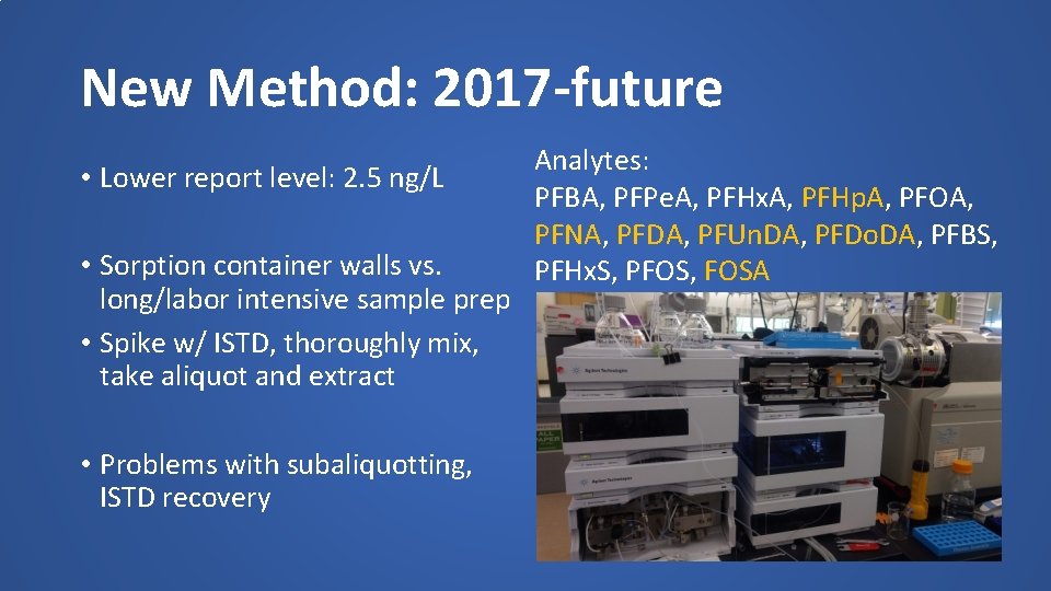 New Method: 2017 -future • Lower report level: 2. 5 ng/L • Sorption container