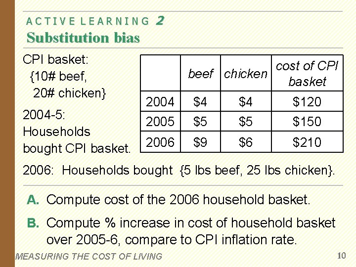 ACTIVE LEARNING 2 Substitution bias CPI basket: {10# beef, 20# chicken} 2004 -5: Households