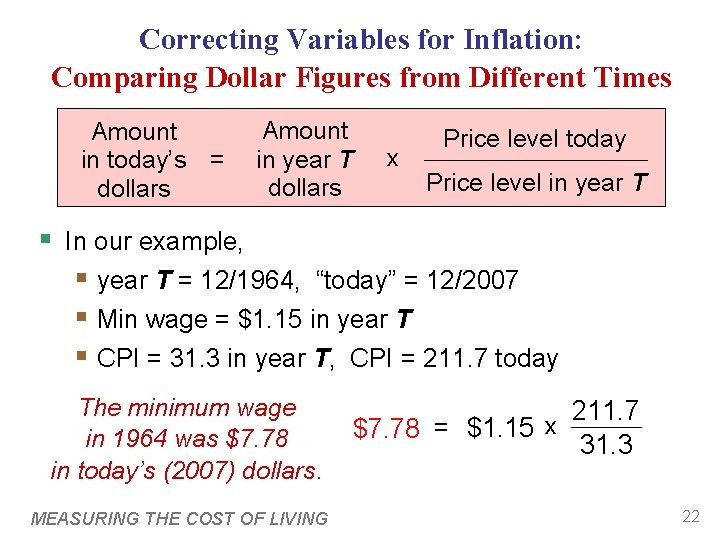 Correcting Variables for Inflation: Comparing Dollar Figures from Different Times Amount in today’s =