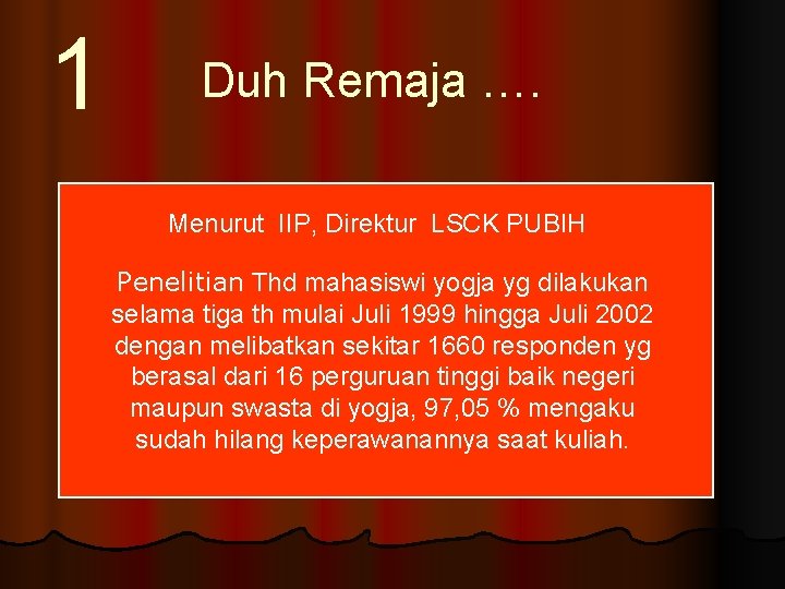 1 Duh Remaja …. Menurut IIP, Direktur LSCK PUBIH Penelitian Thd mahasiswi yogja yg 1 Duh Remaja …. Menurut IIP, Direktur LSCK PUBIH Penelitian Thd mahasiswi yogja yg
