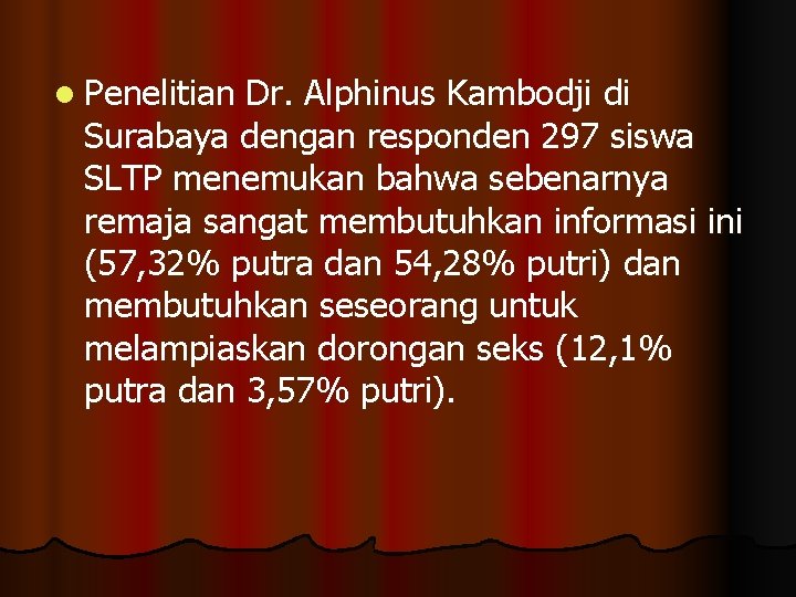 l Penelitian Dr. Alphinus Kambodji di Surabaya dengan responden 297 siswa SLTP menemukan bahwa l Penelitian Dr. Alphinus Kambodji di Surabaya dengan responden 297 siswa SLTP menemukan bahwa