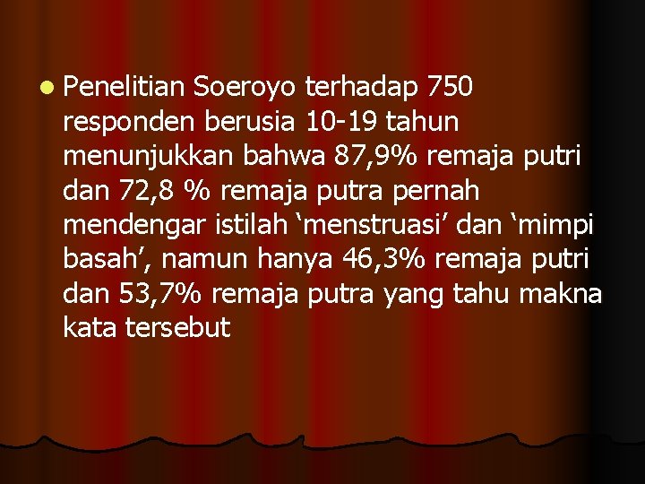 l Penelitian Soeroyo terhadap 750 responden berusia 10 -19 tahun menunjukkan bahwa 87, 9% l Penelitian Soeroyo terhadap 750 responden berusia 10 -19 tahun menunjukkan bahwa 87, 9%