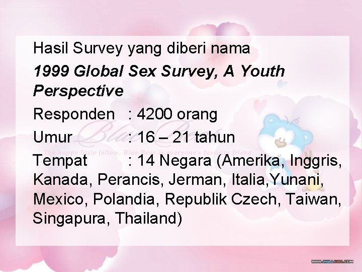 Hasil Survey yang diberi nama 1999 Global Sex Survey, A Youth Perspective Responden : Hasil Survey yang diberi nama 1999 Global Sex Survey, A Youth Perspective Responden :
