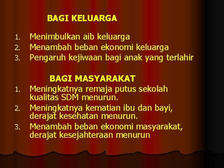 BAGI KELUARGA 1. 2. 3. Menimbulkan aib keluarga Menambah beban ekonomi keluarga Pengaruh kejiwaan BAGI KELUARGA 1. 2. 3. Menimbulkan aib keluarga Menambah beban ekonomi keluarga Pengaruh kejiwaan