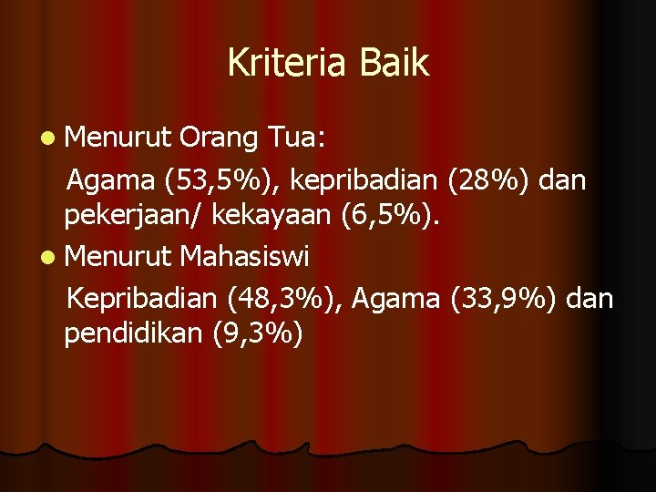 Kriteria Baik l Menurut Orang Tua: Agama (53, 5%), kepribadian (28%) dan pekerjaan/ kekayaan Kriteria Baik l Menurut Orang Tua: Agama (53, 5%), kepribadian (28%) dan pekerjaan/ kekayaan