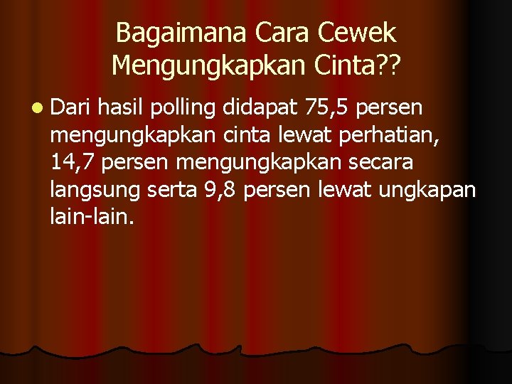 Bagaimana Cara Cewek Mengungkapkan Cinta? ? l Dari hasil polling didapat 75, 5 persen Bagaimana Cara Cewek Mengungkapkan Cinta? ? l Dari hasil polling didapat 75, 5 persen