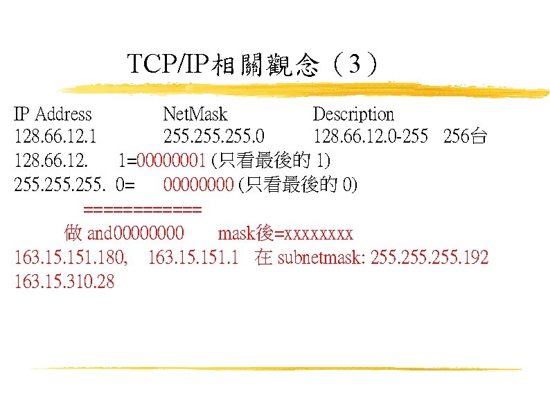 TCP/IP相關觀念（3） IP Address Net. Mask Description 128. 66. 12. 1 255. 0 128. 66.
