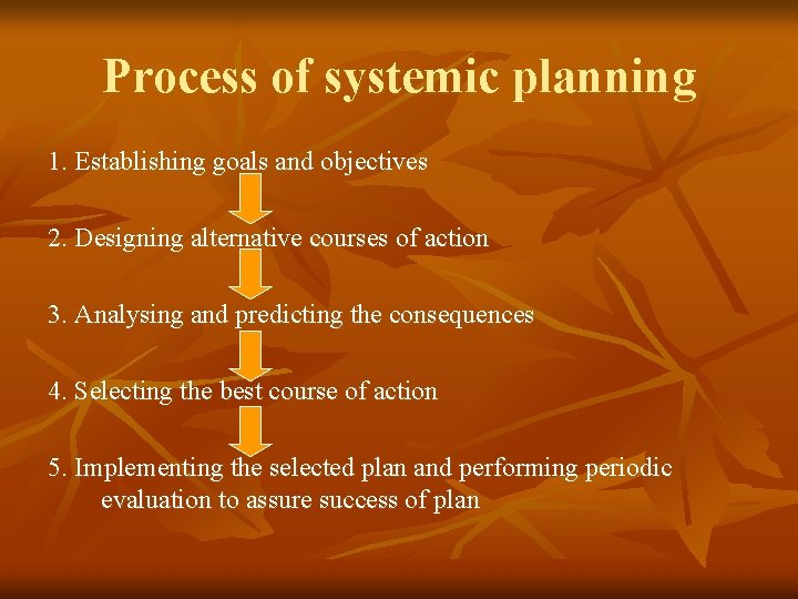Process of systemic planning 1. Establishing goals and objectives 2. Designing alternative courses of Process of systemic planning 1. Establishing goals and objectives 2. Designing alternative courses of