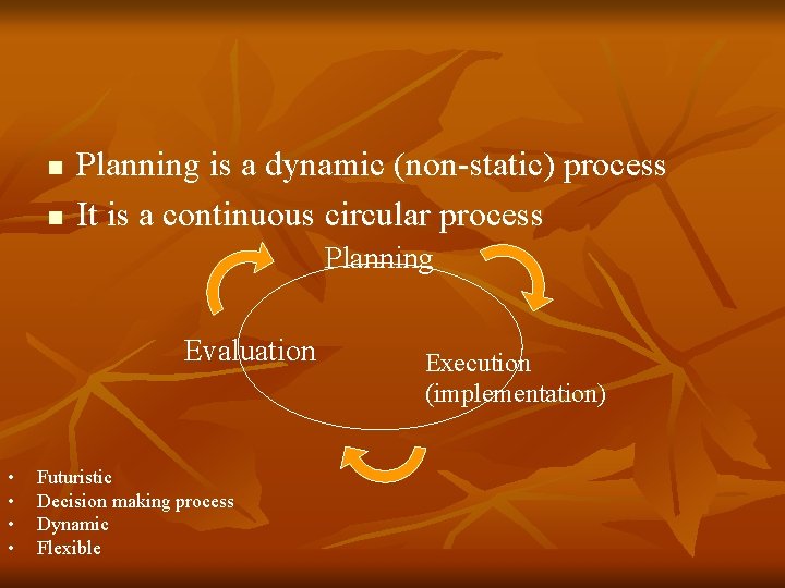 n n Planning is a dynamic (non-static) process It is a continuous circular process n n Planning is a dynamic (non-static) process It is a continuous circular process