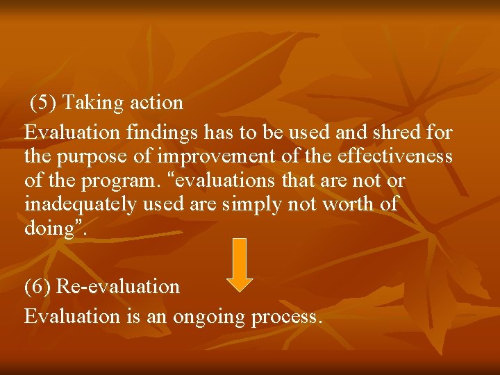 (5) Taking action Evaluation findings has to be used and shred for the purpose (5) Taking action Evaluation findings has to be used and shred for the purpose