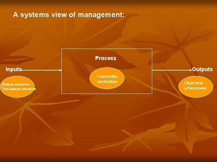 A systems view of management: Process Inputs Human resources Non-human resources Outputs Conversion mechanism A systems view of management: Process Inputs Human resources Non-human resources Outputs Conversion mechanism