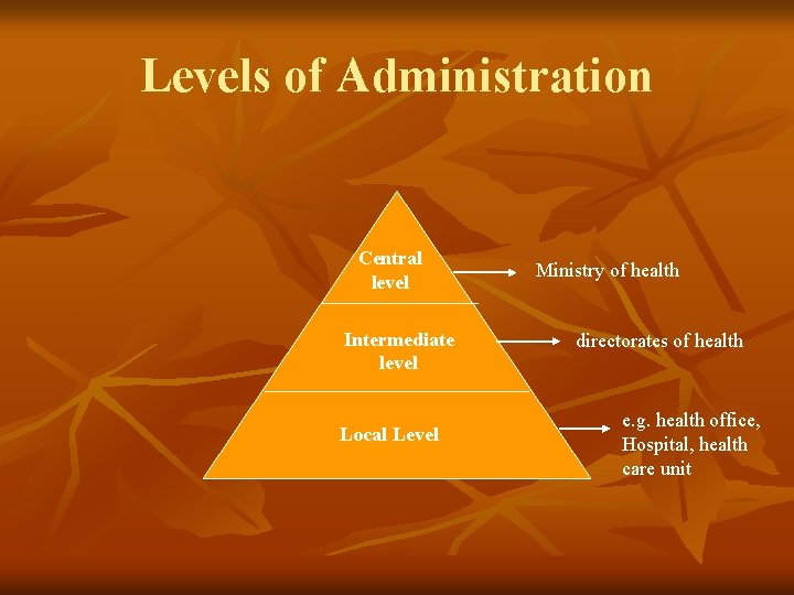 Levels of Administration Central level Intermediate level Local Level Ministry of health directorates of Levels of Administration Central level Intermediate level Local Level Ministry of health directorates of