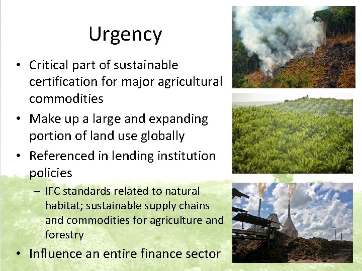 Urgency • Critical part of sustainable certification for major agricultural commodities • Make up