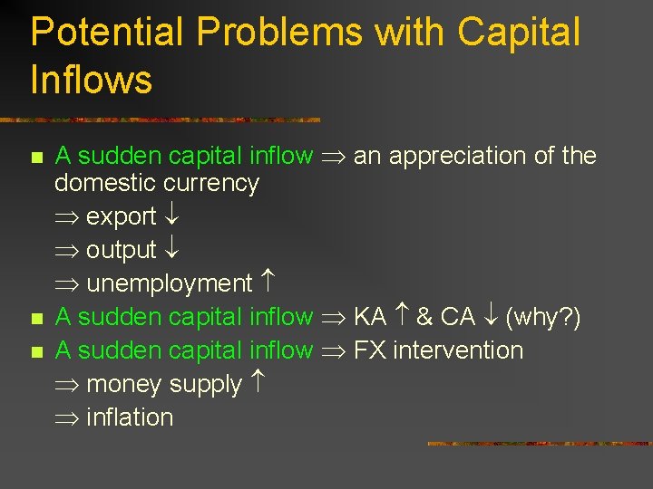 Potential Problems with Capital Inflows n n n A sudden capital inflow an appreciation