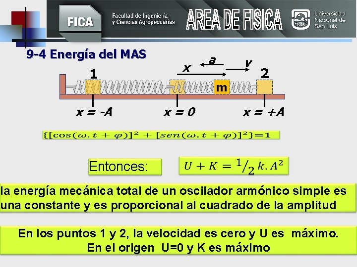  9 -4 Energía del MAS 1 x = -A x a v m