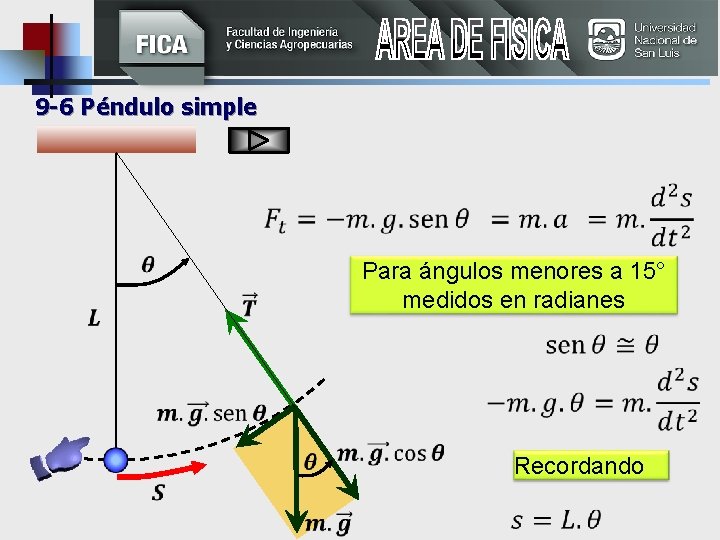  9 -6 Péndulo simple Para ángulos menores a 15° medidos en radianes Recordando