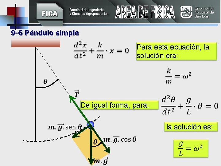  9 -6 Péndulo simple Para esta ecuación, la solución era: De igual forma,